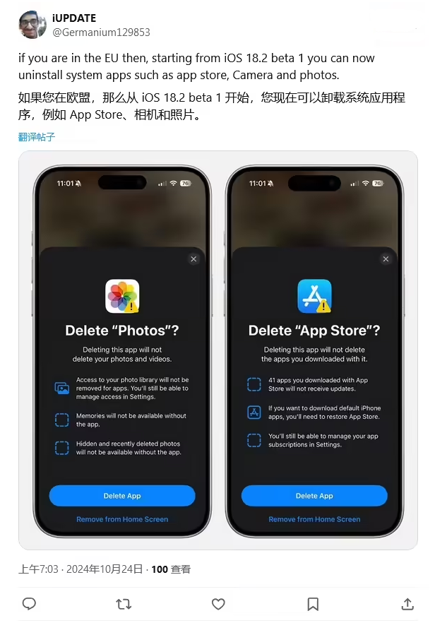 稻城苹果手机维修分享iOS 18.2 支持删除 App Store 应用商店 