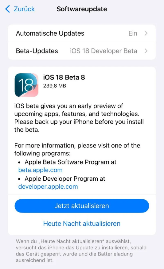 稻城苹果手机维修分享苹果 iOS / iPadOS 18 开发者预览版 Beta 8 发布 